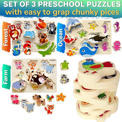 1-3 3xSET 2-4 3-5 QUOKKA Wooden Puzzles for Toddlers Toddler Puzzles Ages Montessori Animal Chunky Puzzle for Kids Wood