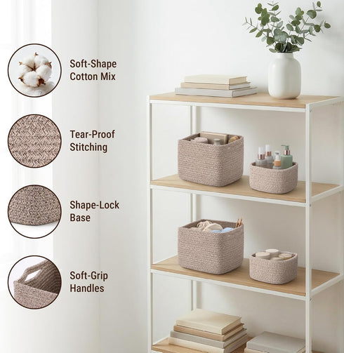 VIRETH HAUS 5-Pack 2 Closet, Storage Cubes Woven Rope Baskets - Sizes Organizer Bins for Shelf, Bookshelf, Nursery