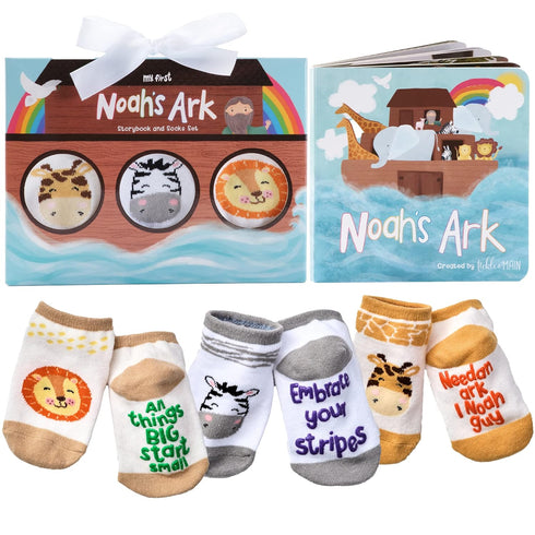 Tickle & Main Noah’s Ark 4-Piece Gift Set for Infants 0-12 Months, Includes Storybook and 3 Pairs of Animal Socks