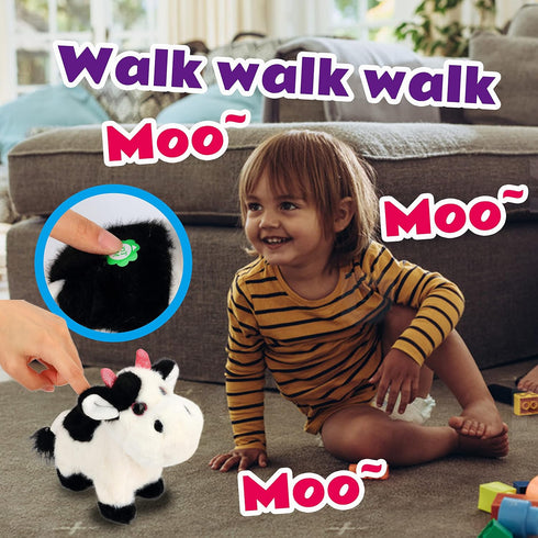 Cuteoy Walking Black Cow Stuffed Animal Speaking Moo Plush Cattle Electric Interactive Animated Plushies Toy for Girls