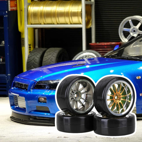 Mxfans 4PCS RC1/10 On Road Car Drift Tires & Plastic Plating Golden 12-Spoke Wheel Rims