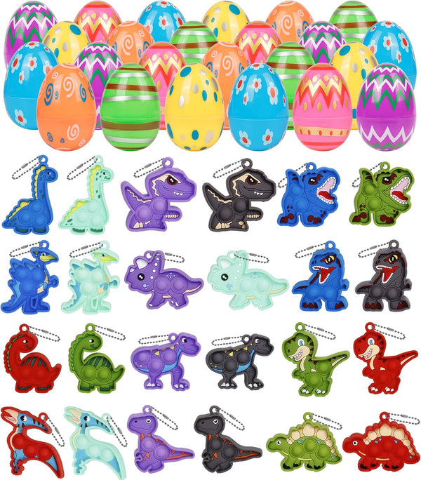 24 Pack Prefilled Easter Eggs with Dinosaur Pop Keychain Toys for Egg
