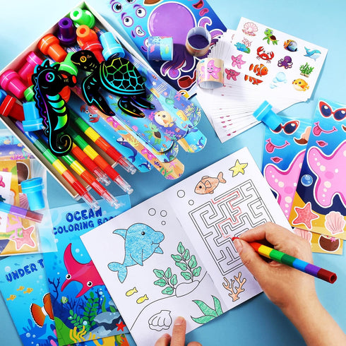 192Pcs Set BenLouis Under the Sea Party Favors Ocean Animals Party Coloring Books Bulk for Kids Sea Fish Birthday