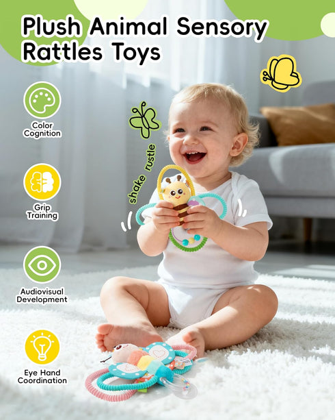 0-3-6-12 0-2-4-7-8-9 Jollybaby Soft Baby Rattles & Plush Rings Toy for Newborn Months, Sensory Developmental Hand