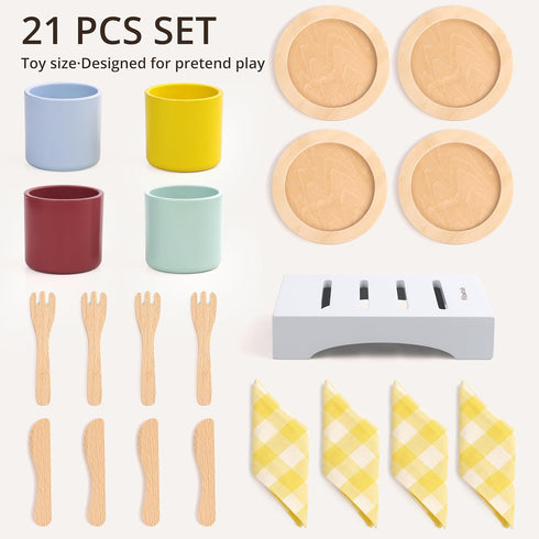 Table-Setting Set 21 3+ Pillowhale Wooden Learning Play for Kids Dinner Plates, Cups & Cutlery for Social Play Pcs
