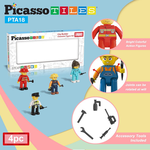Picasso Toys Magnetic Action Figures, 4 Piece City Builder Character for Magnet Building Block Tiles Expansion Pack