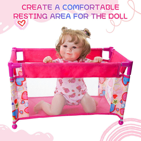 BABESIDE Baby Doll Crib, Foldable Baby Doll Bed for 17-21 Dolls, Doll Pack n Play Kids Gift with Storage Bag (Pink)