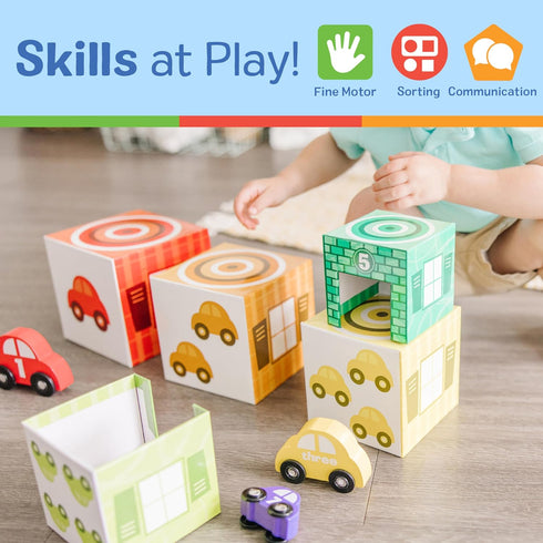 Melissa & Doug Nesting and Sorting Garages and Cars, 7 Graduated Garages and 7 Stackable Wooden Cars