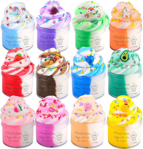 12 Pack Cloud Slime Kit, Two-Toned Fidget Toy, Educational Slime Toys for Kids Birthday Party Favors