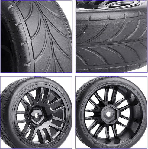 12mm Hex Preglued Wheels Tires Set, 1/10 On Road RC Car Compatible with Tamiya TT02 TT01 Traxxas 4tec 2.0 3.0 Touring