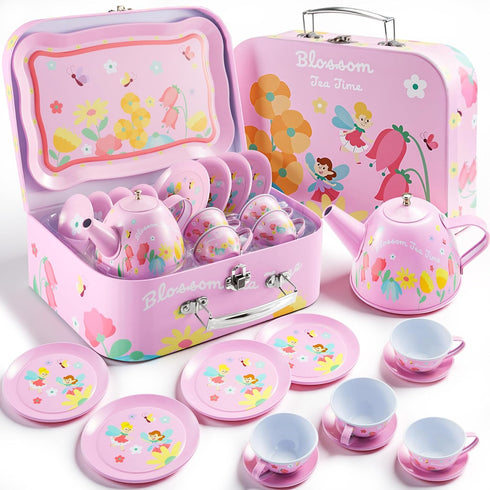 JOYIN Fairy Blossom Tea Party Set for Little Girls, Pretend Pink Tin