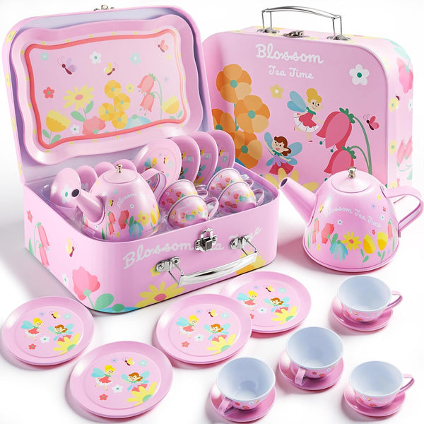 JOYIN Fairy Blossom Tea Party Set for Little Girls, Pretend Pink Tin