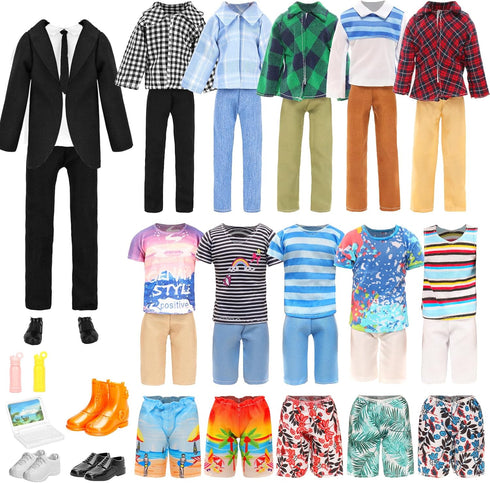 Miunana Doll Clothes & Accessories Lot - 16 Items, Classic Black Suit for Boy Doll, 4 PCS Casual Wear, 5 PCS Pants, 3