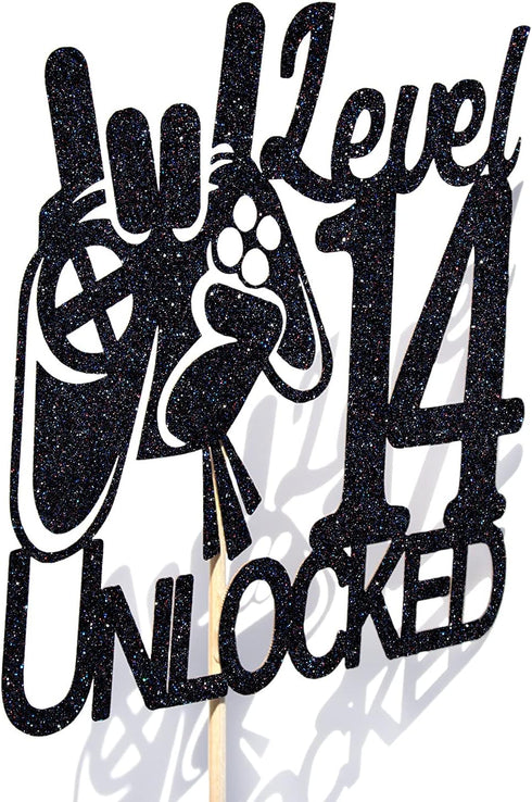 Cos mos Video Game Level 14 Unlocked Birthday Cake Topper - Black Glitter for Boys 14th Birthday Decorations