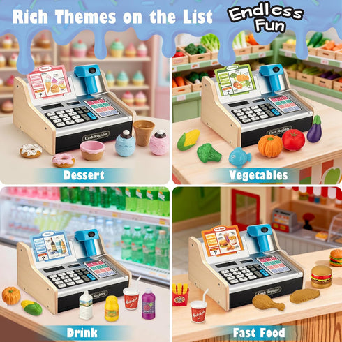 3 4 5 6 7 8 9 3-12 Wooden Cash Register for Kids with Shopping Cart Rechargeable Kid Cash Register with Scanner Gift