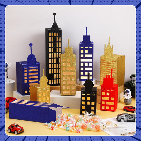 15 Pcs Hero Party Favor Boxes, Skyscraper 3D City Box, Hero Theme Centerpiece Decorations for Birthday Supplies