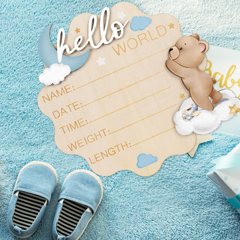 FYSUIMU Bear Theme Birth Announcement Sign Hello World Newborn Sign Cute Blue Bear Newborn Milestone Wooden Board