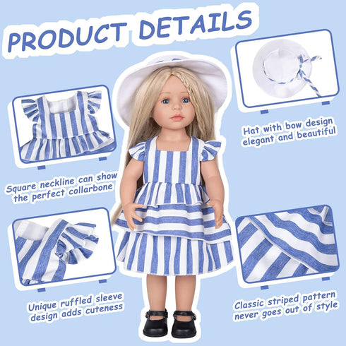 Doll Clothes and Accessories 3 Pc. Set includes 1PC Blue and White Stripes Skirt, 1PC Hat, 1PC White Underwear, Fashionable Skirt Dress Set for Baby Dolls (without Doll & Shoes) 020