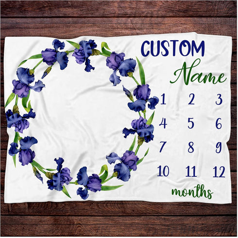 Personalized Iris Flower Baby Monthly Blanket, Custom Iris Flower Baby Nursery Monthly