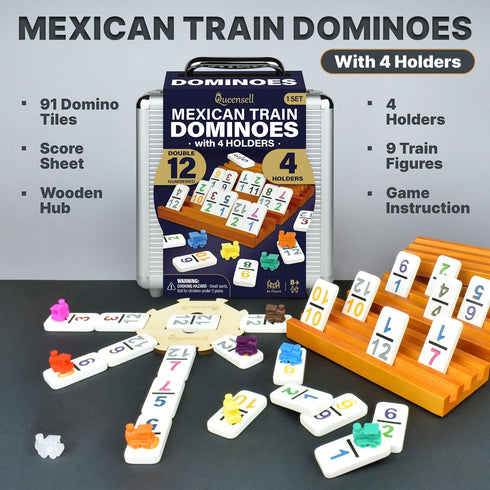 Queensell Mexican Train Dominoes Set - Double 12 with Numbers and 4 Holders - Wooden Hub and Tiles Holders