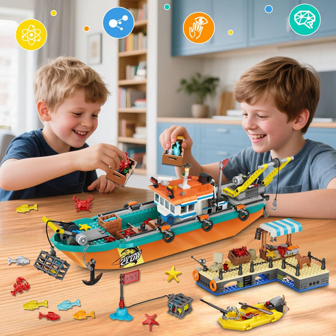 Set 6 7 8 9 10+, 762PCS City Fishing Boat Wharf Building - Floatable Sea Fishing Ship Building Block Kit with Speedboat