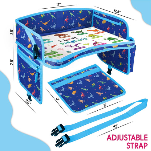 Car Seat Tray for Toddler - Waterproof Kids Travel Table Top - Road Trip Essentials - Lap Desk with Storage (Blue)