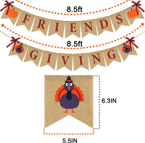 Friendsgiving Banner Burlap, Thanksgiving Decorations, Rustic Turkey Pumpkin Bunting for Party Supplies and Decor