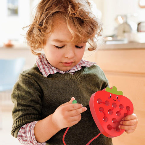 Wooden Threading Toys for 3 Year Olds, Fine Motor Skill Educational Montessori Travel Toy, 1 Strawberry & 1 Dog
