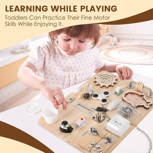 Pithfor Wooden Montessori Busy Board, Montessori Sensory Activity Board Toys for Kids Toddler Baby Boys Girls
