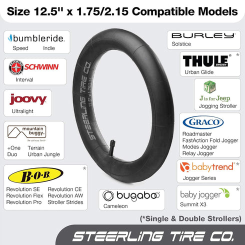 Premium 12.5'' x 1.75/2.25 Explosion Proof Front Inner Tire Tube for BOB Revolution Strollers, 2 Pack, Steerling Tire