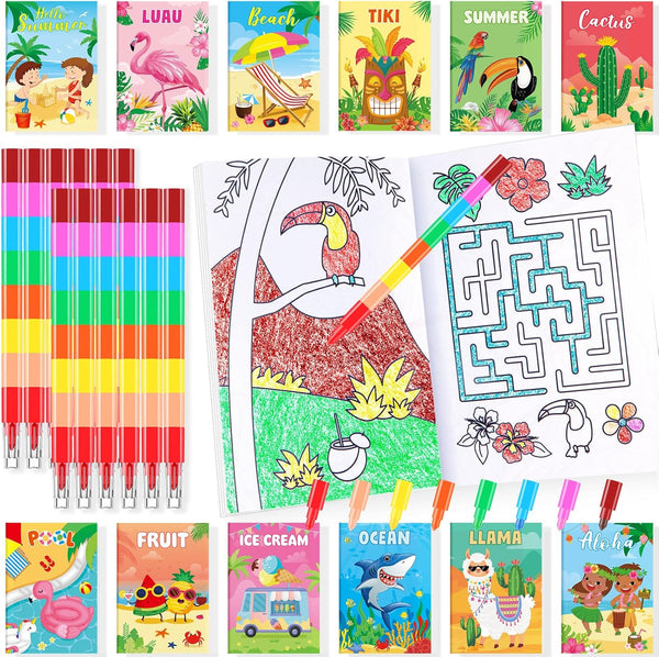 BenLouis 24 Summer Mini Coloring Books Kids with 24 Stacking Crayons Beach