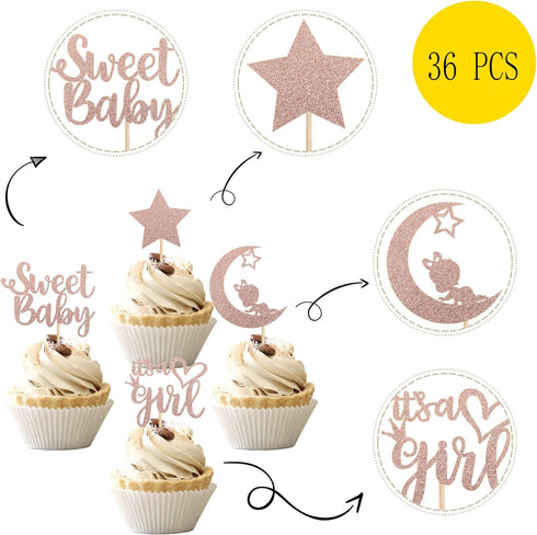 36 PCS Baby Shower Girl Cupcake Toppers, Moon Glitter Star It's a Girl Sweet Baby Gender Reveal Picks, Rose Gold