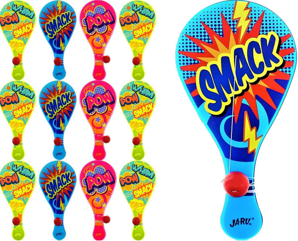 JA-RU Paddle Ball Set for Kids (12 Units) - Outdoor & Indoor Recess Games, 90s Toys Nostalgia, Birthday Party Favors