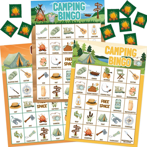 Camping Bingo Game for Kids, 24 Players Outdoor Party Camp Adventure Activities Supply