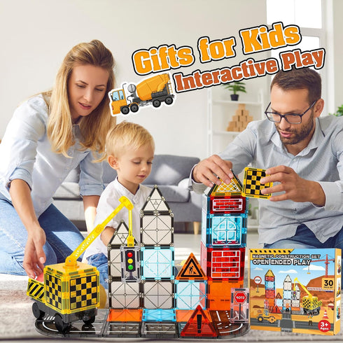 Magnetic Tiles Kids Construction Toys - Road Set with Magnet Crane for Boys Age 3-10, Building Blocks Expansion Pack