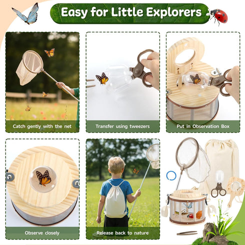 Backpack 8 1 Set 4-12 GAGAKU Kids Bug Catching Kit with - in Outdoor Explorer with Net, Wooden Box & Magnifying Glass