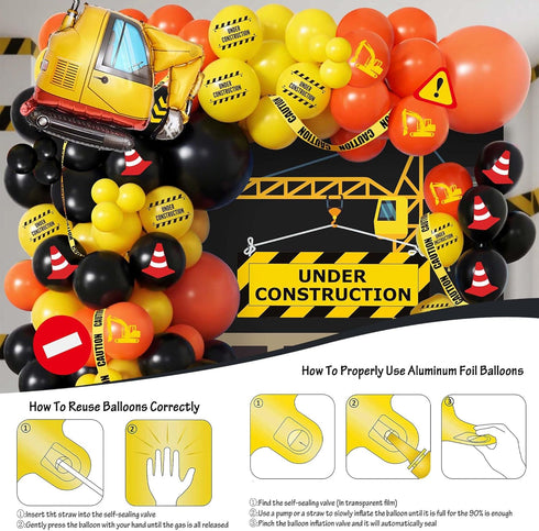 102pcs 18/12/10/5 Inch 2nd 3rd Construction Birthday Party Decorations Balloon Garland Arch Kit with Foil Excavator