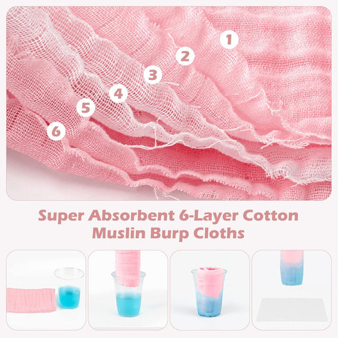 Maliton Muslin Burp Cloths for Baby Girl 6 Pack Large 20''x10'' 100% Cotton Burp Rags Absorbent and Soft 6 Layers Baby Burp Cloths Newborn Girl Essentials(Pink, Pack of 6) by Maliton