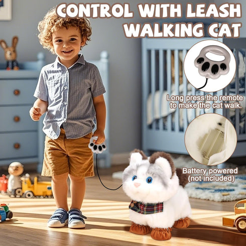 Jimate Interactive Walking Cat Plush Toy with Leash Electronic Kitty Pet That Meows and Wags Tail, Soft Stuffed Animal