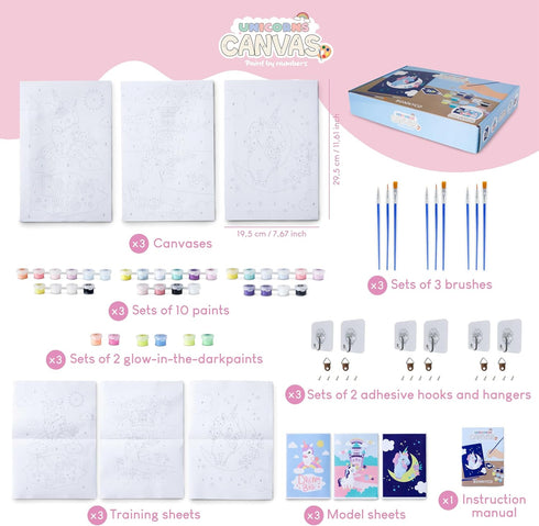 Pack 3 4-6 8-12. BONNYCO Paint by Numbers Kit for Kids Unicorns Canvas. Paint by Number, Canvas Framed Pre Drawn.