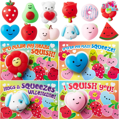JOYIN 28 Packs Valentines Day Gift Cards with Mochi Squishy Toys, Kawaii