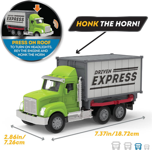 Driven by Battat Micro 1:24 Scale Toy Container Truck with Lights & Sounds for Kids - Realistic Delivery Truck