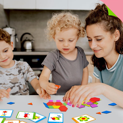 155 PCS Wooden Pattern Blocks Set, 24 Double-Sided Design Cards for Montessori Learning Toys