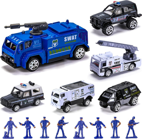 14 Pack Die-cast Police Rescue Truck Vehicles Sets, 6 Pack Mini Police Vehicles Model, 8 Mini Alloy Pull Back Cars