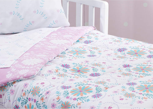 Set 4 Delta Children Toddler Bedding | Girls Piece Collection | Fitted Sheet, Flat Top Sheet w/Elastic Bottom, Fitted