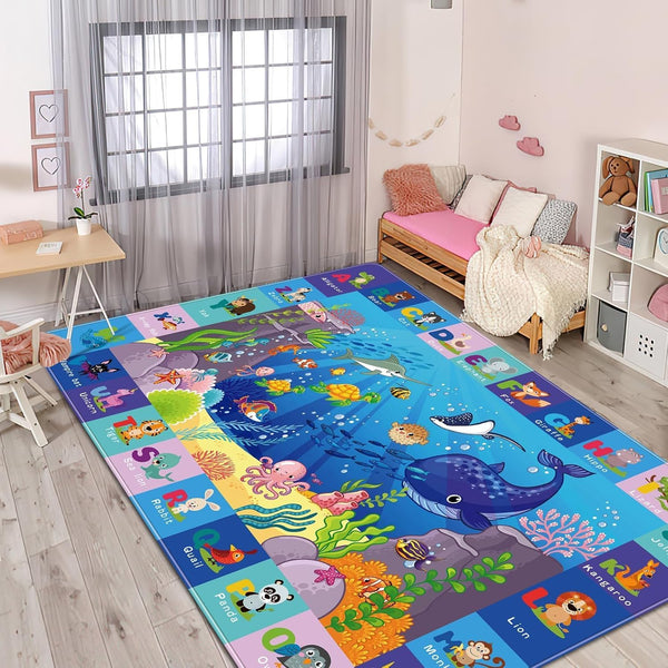 Kids Play Rug, Animals Print Baby Mat for Floor, Non-Toxic Soft Crawling Mat, Nursery Rugs (Blue, 47.2X31.5 INCH)