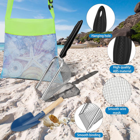 Mototo 12 Pack Beach Toys - 4 Beach Mesh Shovels, 4 Seashell Bags, 4 Small Shark Tooth Sifters for Adults & Kids