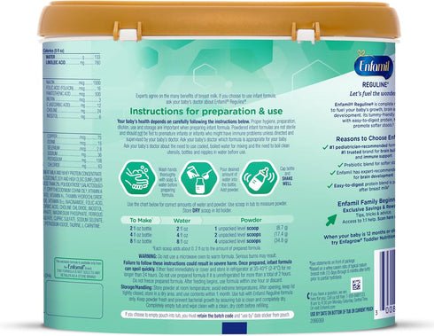 Enfamil Reguline Baby Formula, Milk-Based Infant Nutrition, 19.5 Oz, Dual Prebiotics for Soft Stools, Omega-3 DHA for