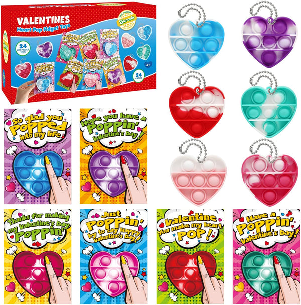 SURCVIO Valentine Day Gifts for Kids, 24 Pack Pop Fidget Heart-Shaped Mini