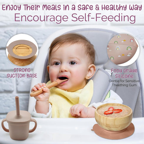 Set: TEAMKO Silicone Baby Feeding Bamboo Baby Plate and Bowl, Bib, Utensils, Cup & Placemat - Bamboo Kids Plates